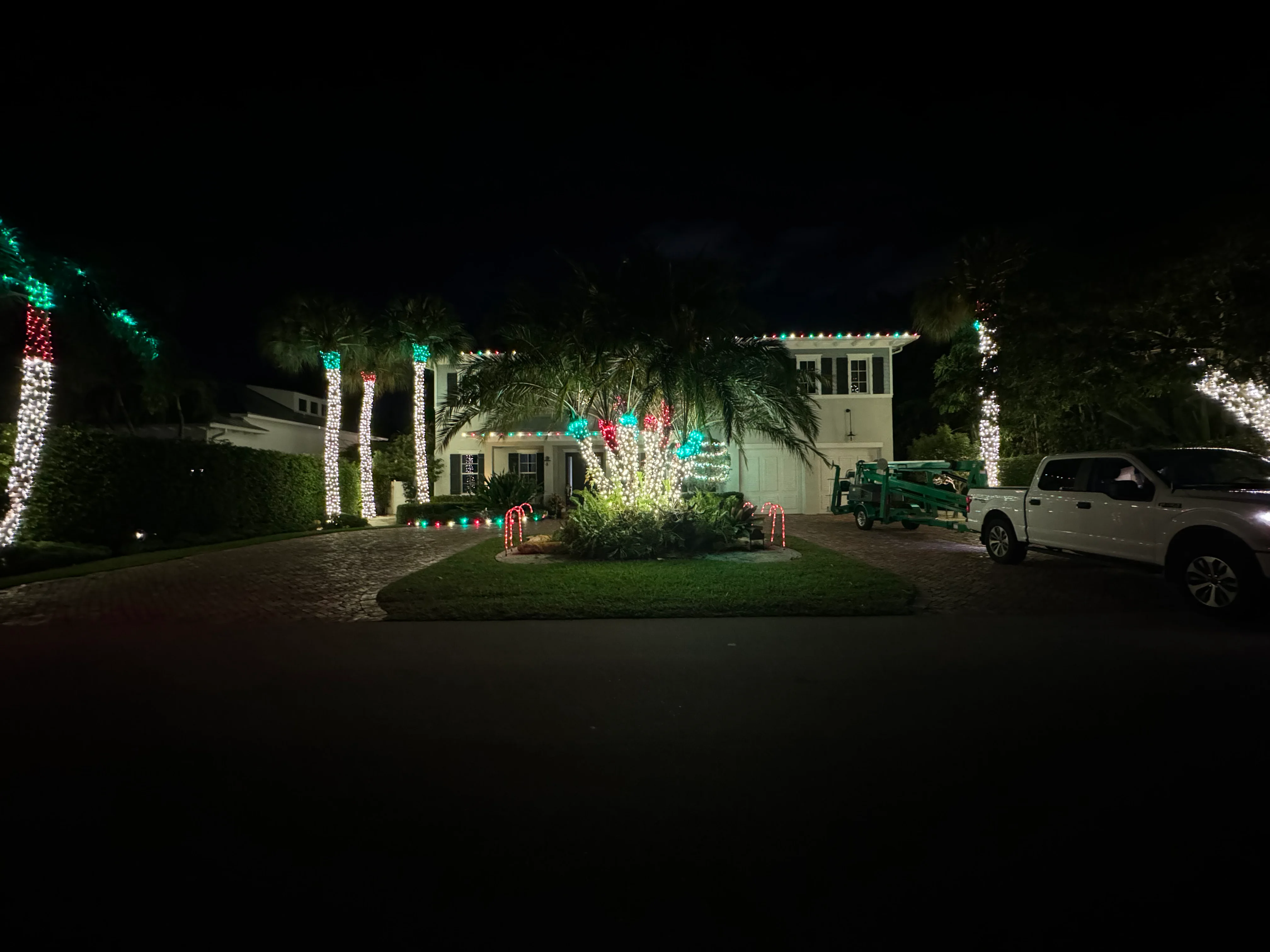 Vibrant Christmas display with red, green, and white lights on palm trees and decorations