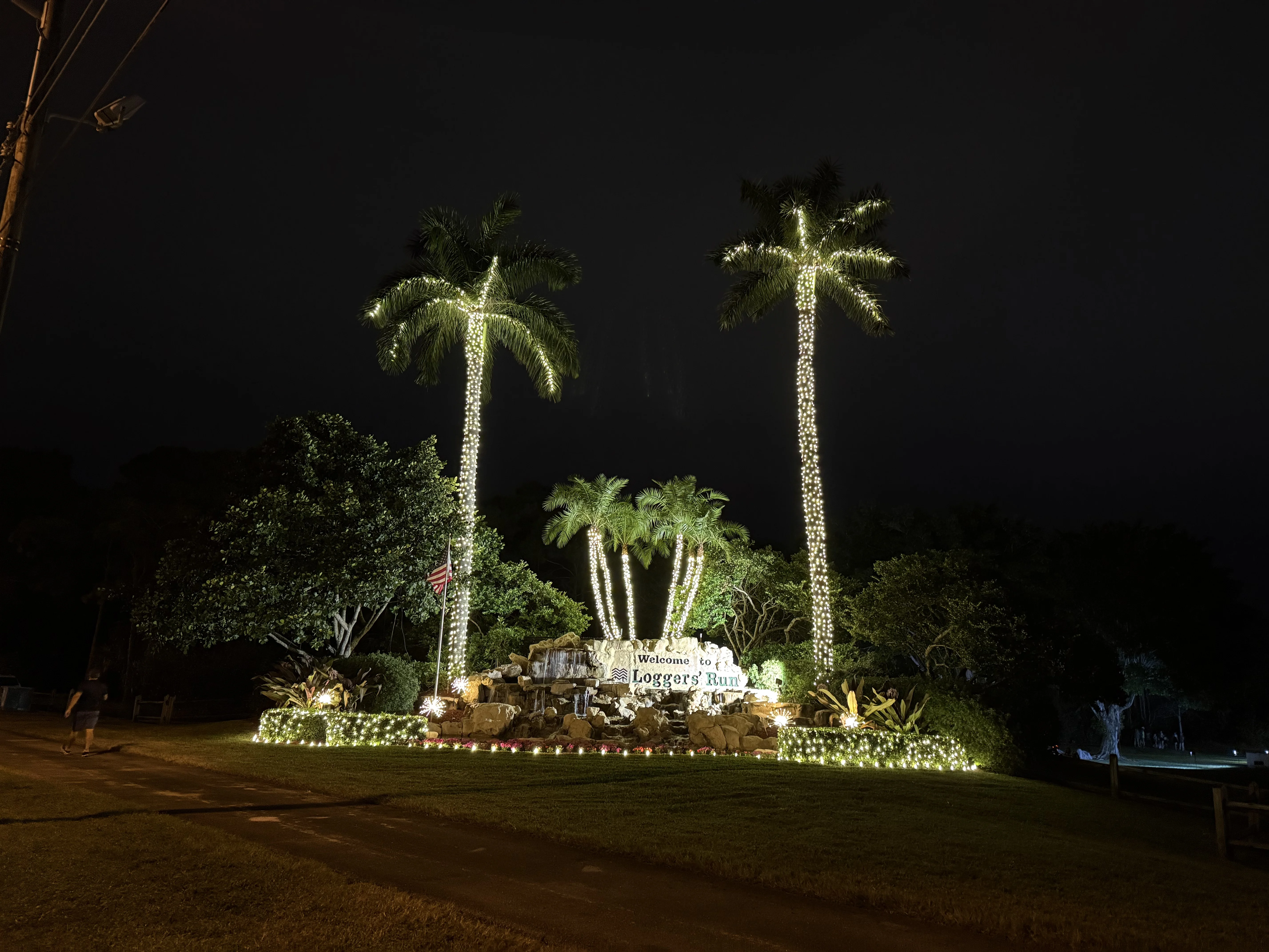 Loggers' Run community entrance featuring palm tree lighting and landscape illumination