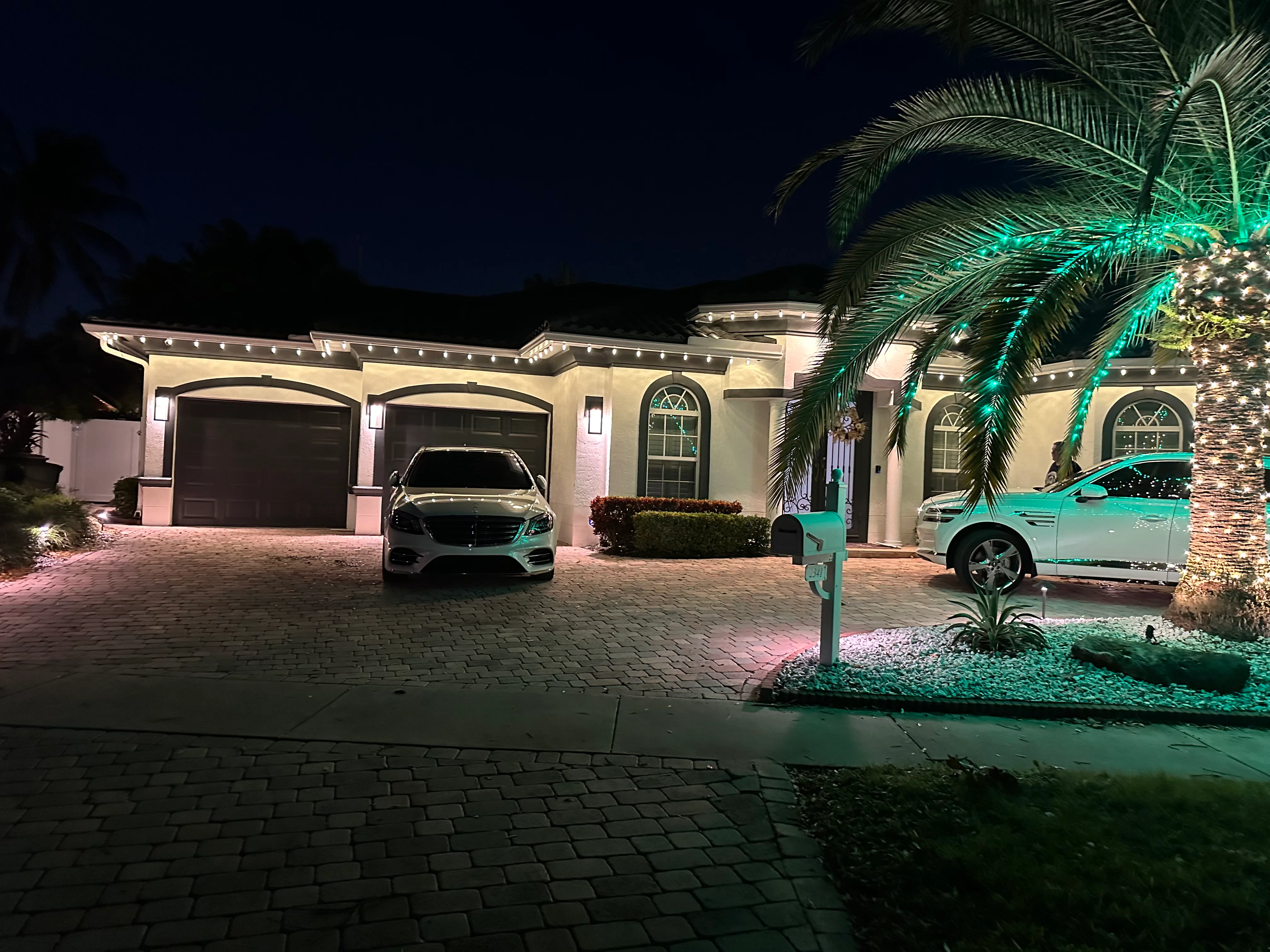 Modern house featuring green accent lighting on palm trees with warm white roofline