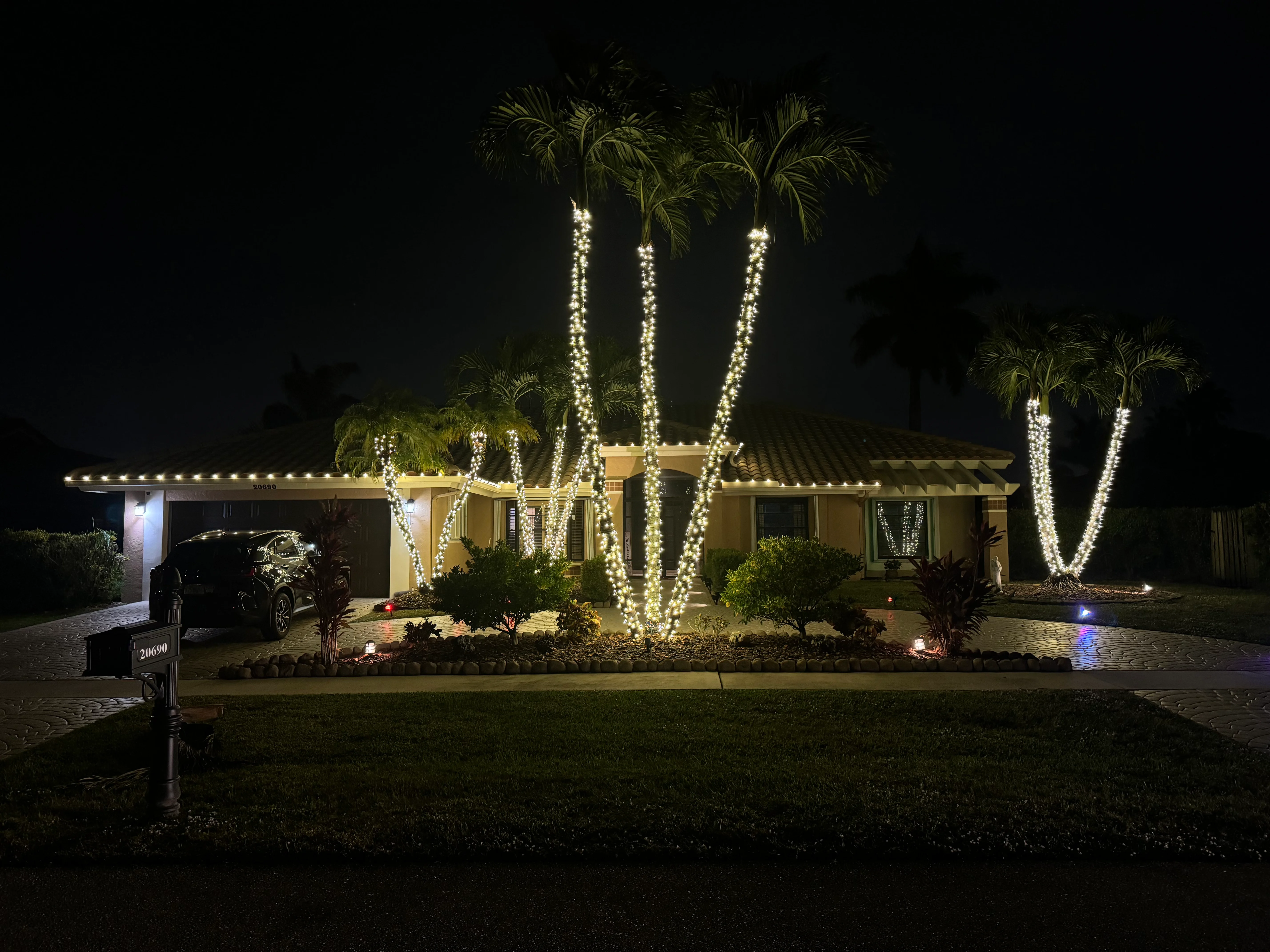 Modern single-story house with extensive warm white palm tree and roofline lighting