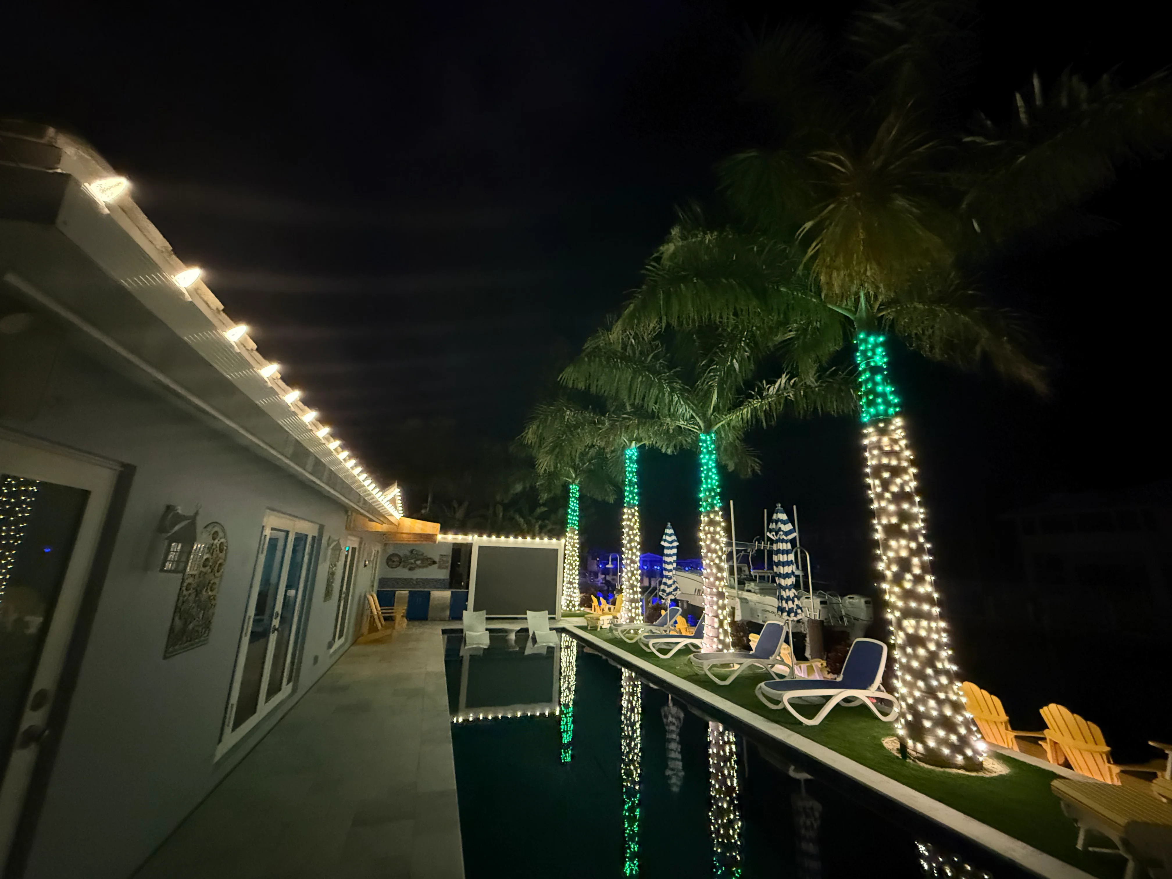 Poolside area with green and warm white LED palm trees reflecting in water with roofline lighting