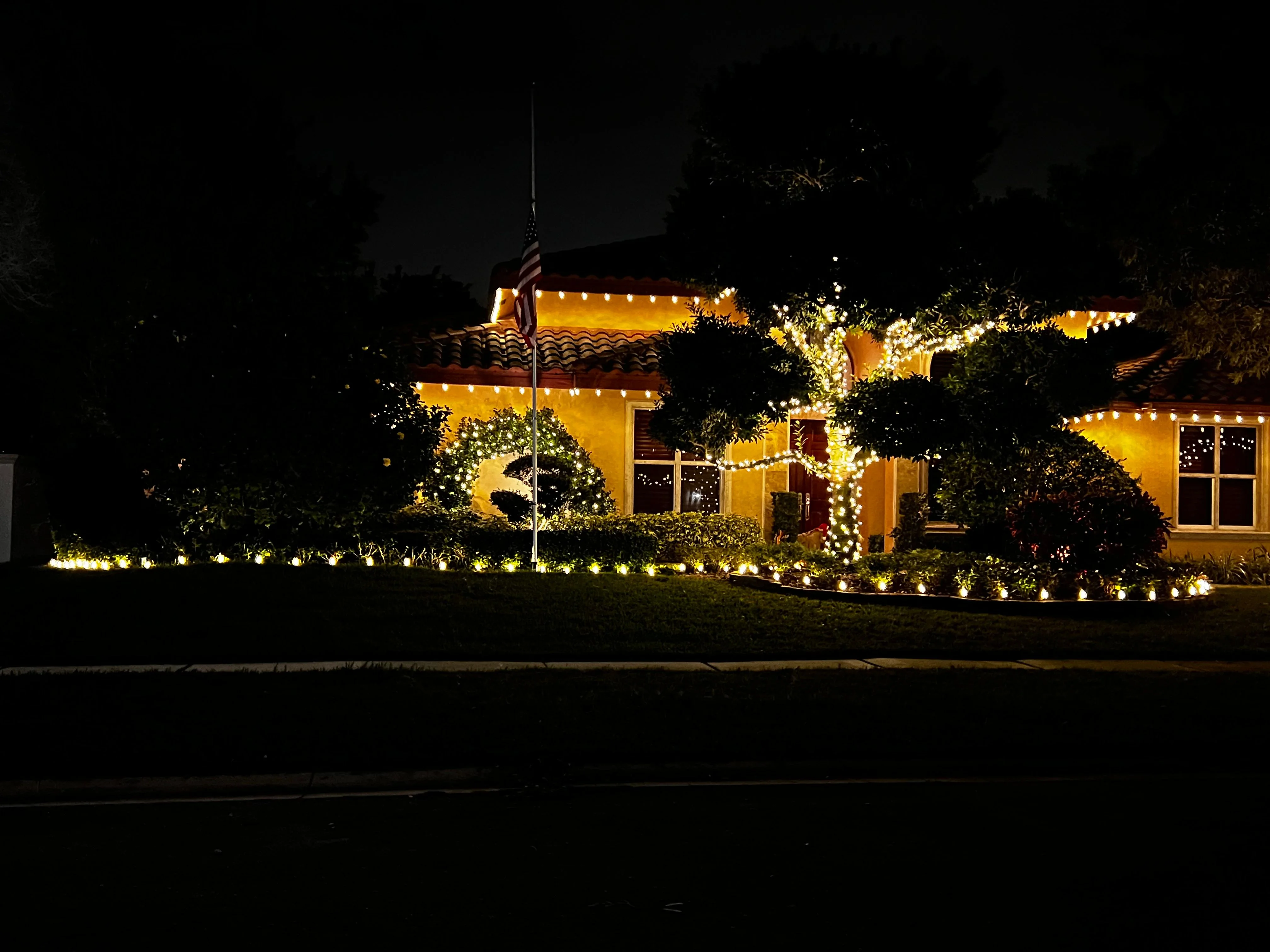 Cozy house with warm lighting on roofline and professional landscaping illumination