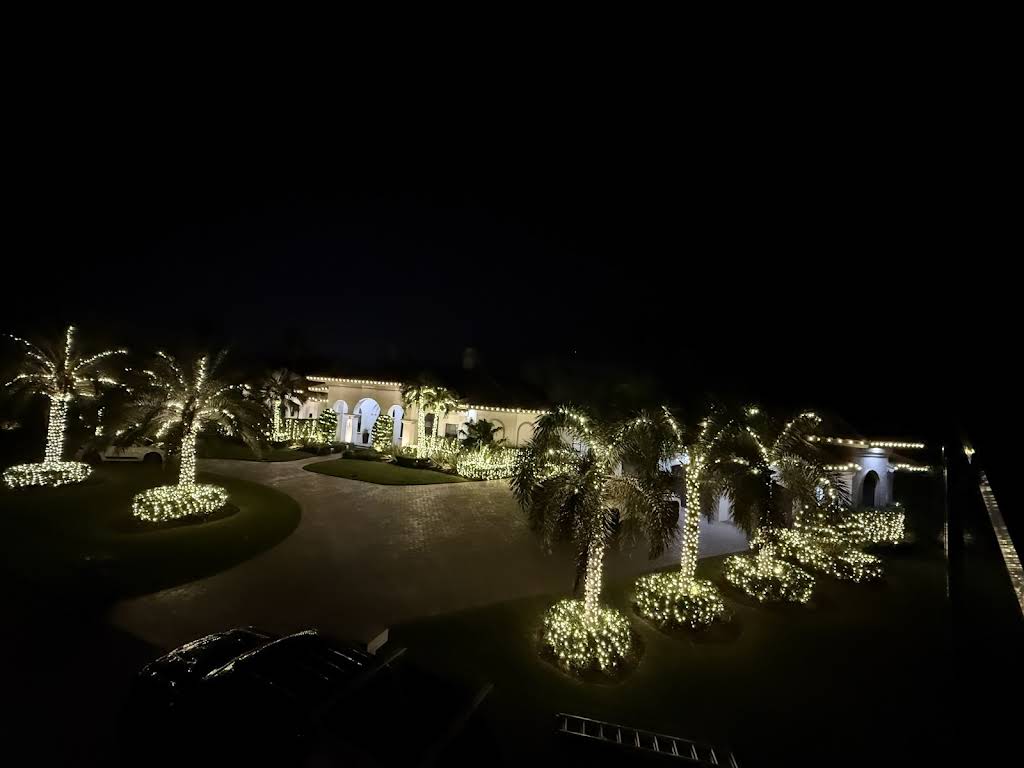 Aerial view of luxury home with comprehensive landscape and architectural lighting